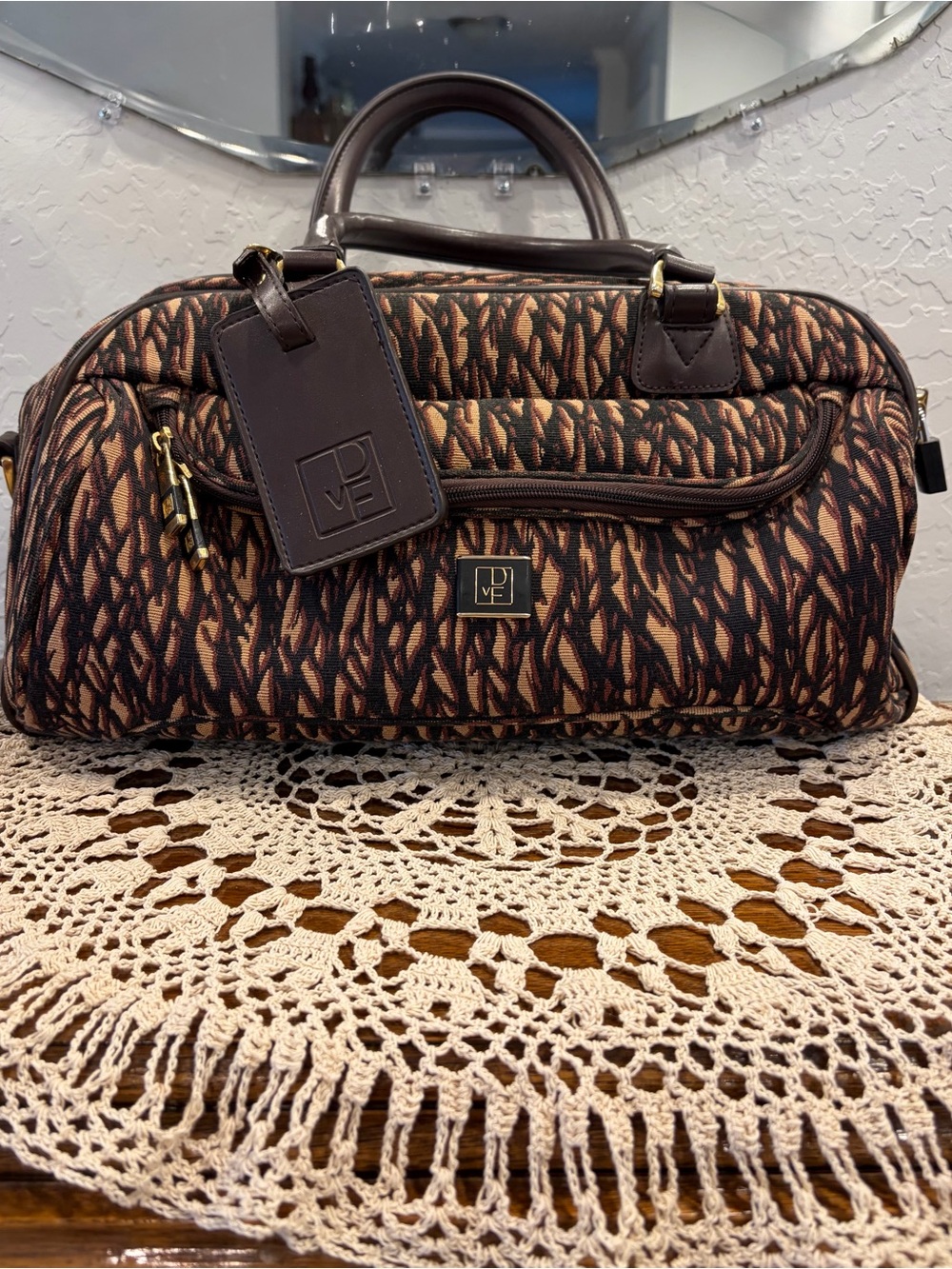 Diane Von Furstenberg Black and Brown‎ Patterned Travel Duffel